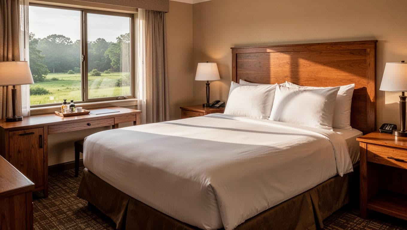 Photorealistic cozy hotel room interior in Alabama with king bed, desk, amenities table, and window view of green landscape, soft morning light, no people, topped with green 'Hotel Amenities' header band.
