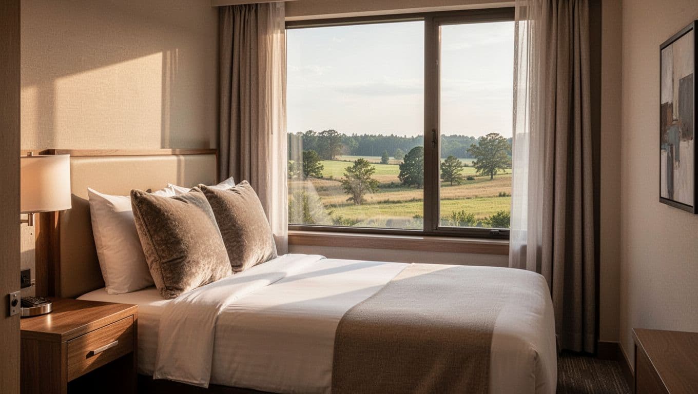Photorealistic cozy hotel room interior with a single bed, two pillows, nightstand, and window overlooking Alabama countryside, bathed in soft natural light with warm tones and modern decor. Features bold 'Room Comfort' headline in green band at top.