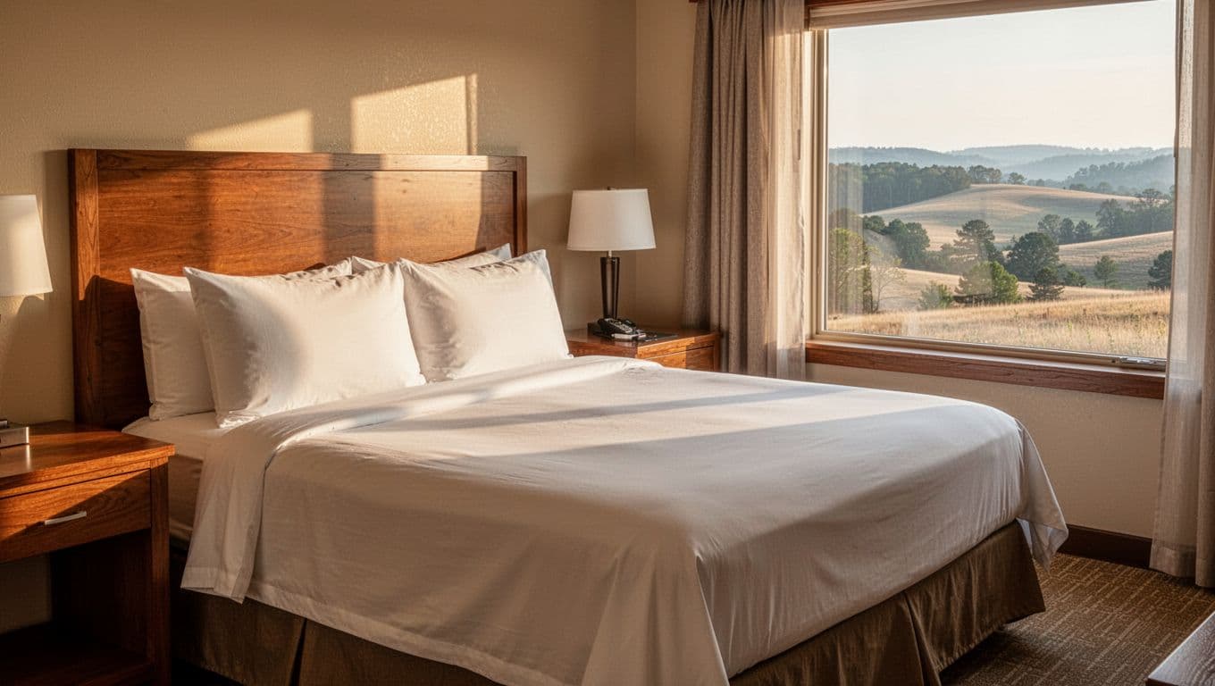 Cozy hotel room interior with king bed, clean linens, wooden nightstand, and window view of Alabama countryside in soft morning light, branded with 'Guest Amenities' headline on green band.