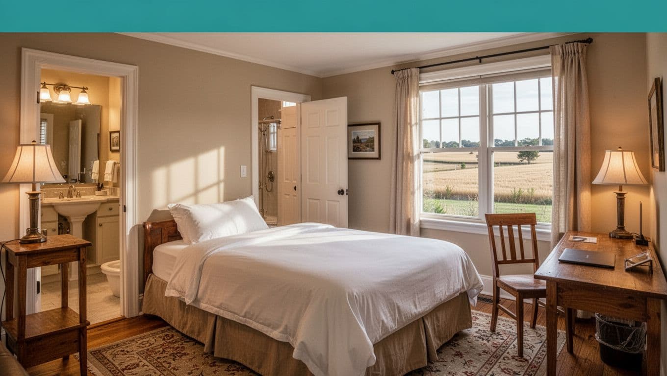 Green 'ROOM COMFORT' banner tops hotel room with queen bed, desk, fields-view window, open bathroom.