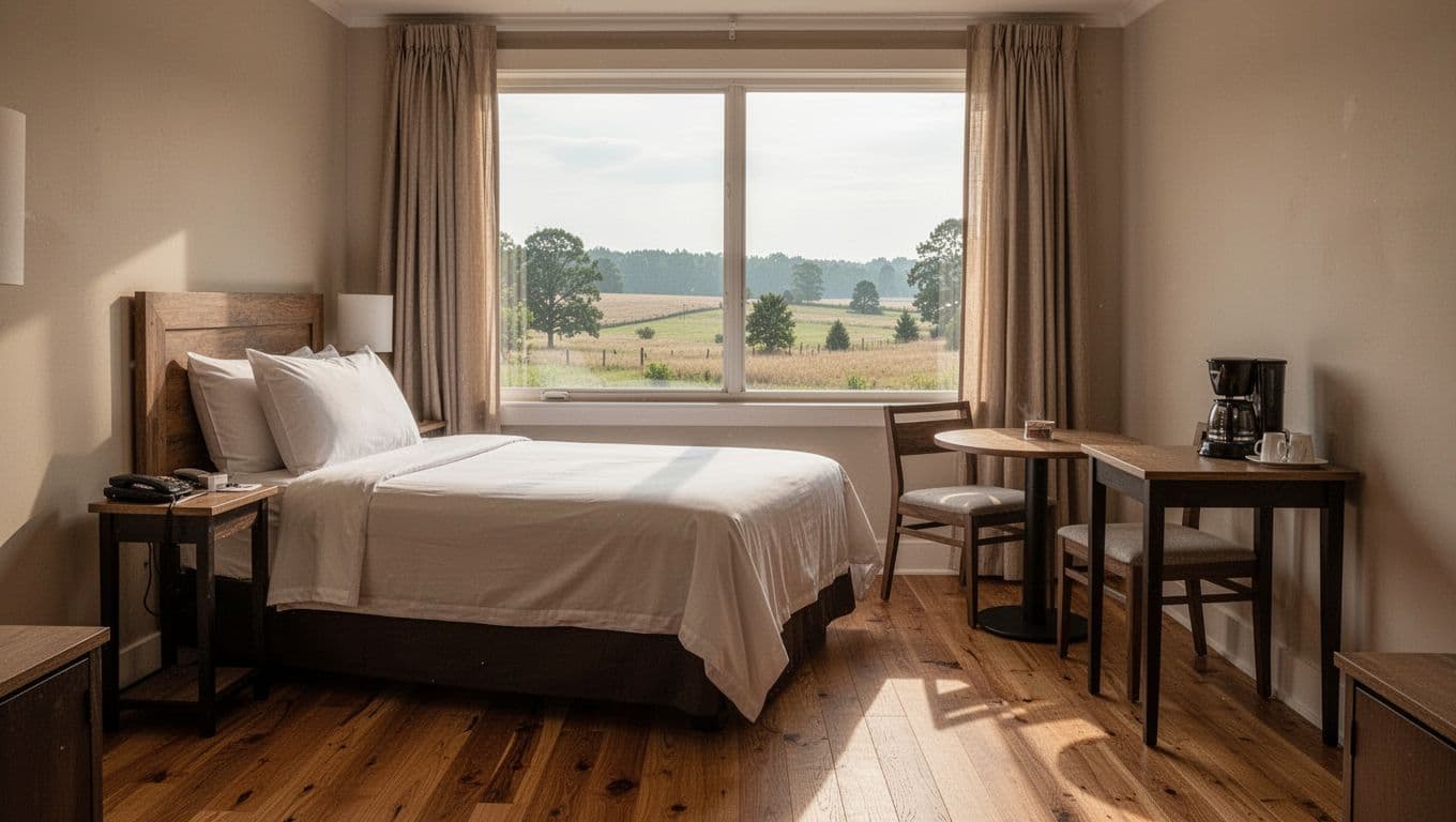 Cozy hotel room interior with a bed, coffee maker, table, two chairs, and window view of Alabama countryside in natural morning light. Features a bold green branded band at top with 'Key Amenities' headline in clean typography, focusing on standard room features.