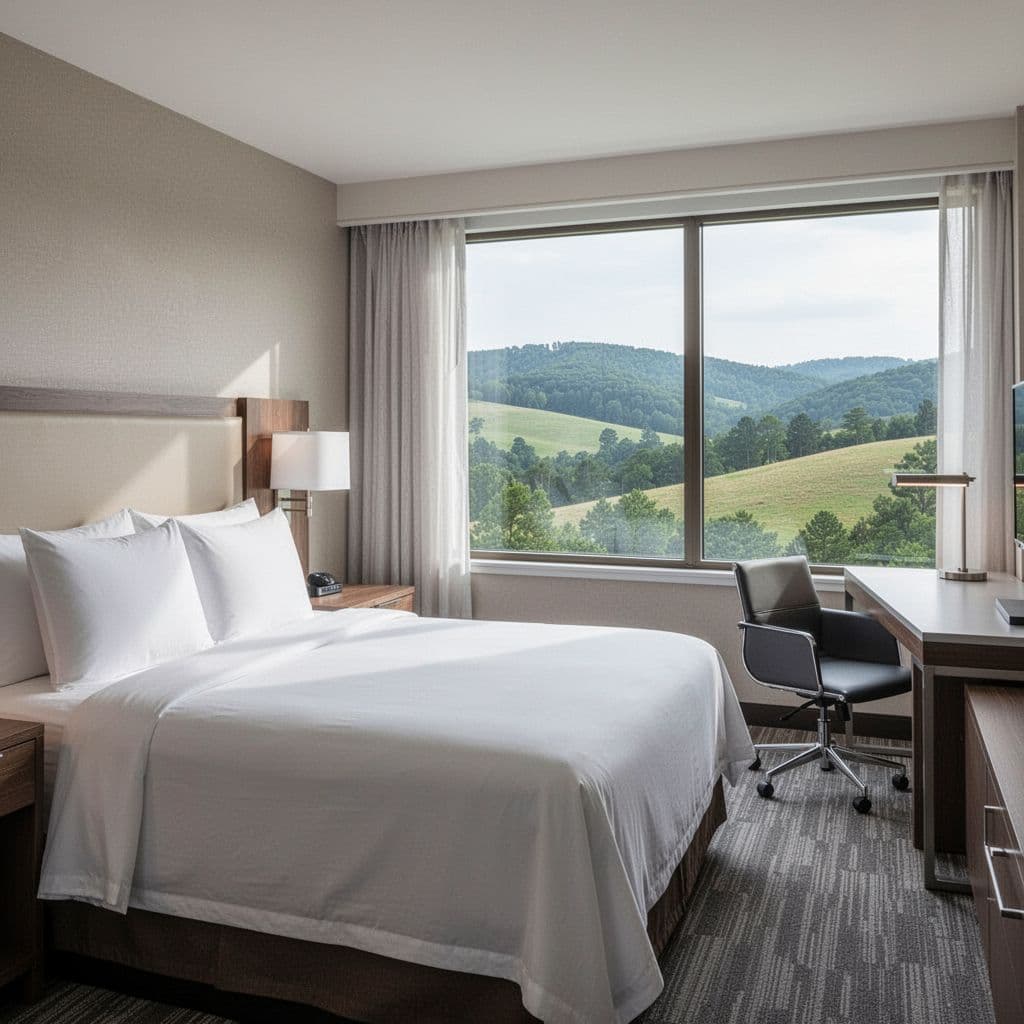 Photorealistic cozy empty hotel room with king bed, modern decor, desk, chair, and window view of green Alabama hills in soft daylight. Bold branded 'Comfortable Rooms' headline on edge-to-edge green band at top.