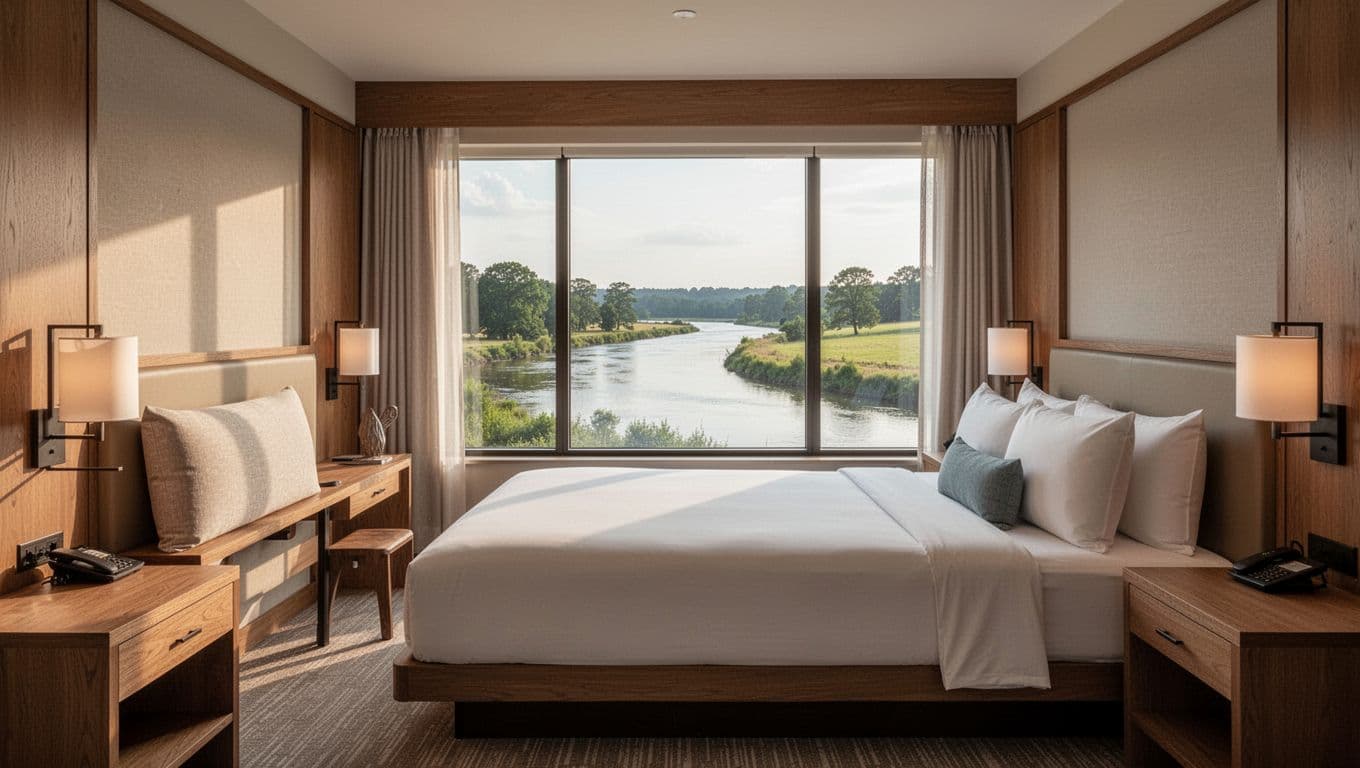 Cozy modern hotel room interior with a neatly made king bed, wooden accents, and soft natural light from a window overlooking the Alabama countryside river. Bold 'Stay Options' headline in a green band at the top in geometric sans-serif font.