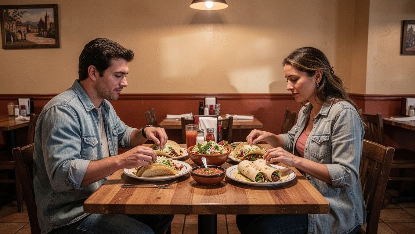Entrance view shows wooden tables with tacos, burritos, salsa; two diners' hands relaxed in warm light, green 'Mexican Eats' band at top.