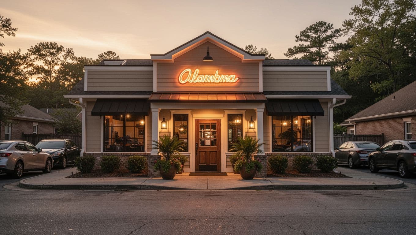Photorealistic view of a cozy restaurant exterior in suburban Alabama at dusk, with glowing neon sign, parked cars, inviting plant-lined entrance, golden hour lighting, and bold 'Signature Dishes' headline in green top band.