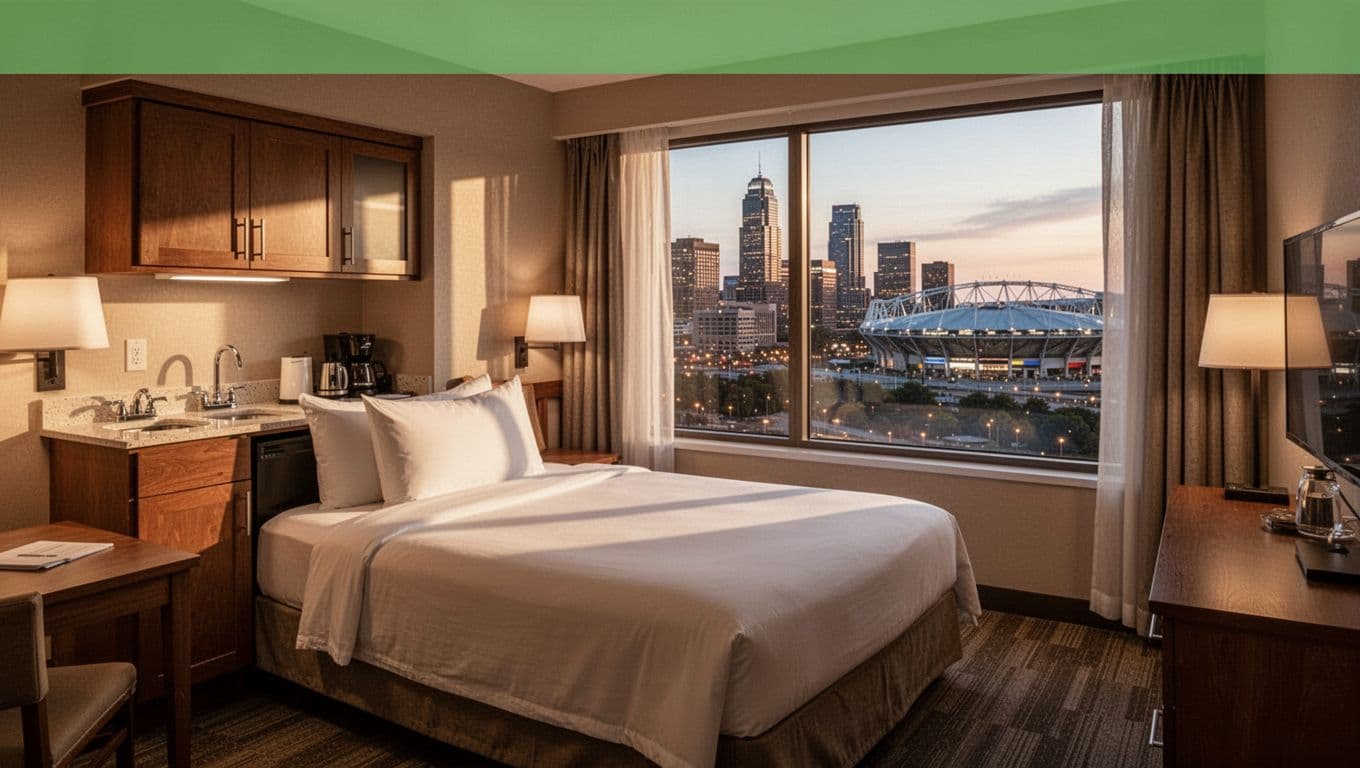 Cozy hotel room interior in downtown Birmingham featuring kitchenette, city view window near stadium, centered bed and amenities under warm lighting, with top green banner headline 'Hotel Amenities'. Realistic photo style, no people or devices.