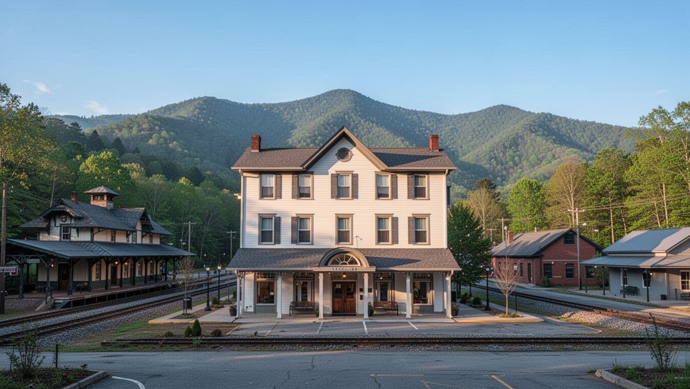 Cozy downtown hotel exterior in Blue Ridge GA near scenic railway depot, mountain backdrop, clear blue sky, one main building centered in frame, landscape view, warm natural daylight, photorealistic style, no people no cars, exactly one hotel shown. Bold branded editorial style: edge-to-edge horizontal #22C55E color band near top covering 20% height, large headline 'Near Depot' title case bold geometric sans-serif like Montserrat Black high contrast on band, no extra text no subtitles no logos no distortions clean typography even kerning straight baseline, focal subject below band, consistent palette cool blues greens, no watermarks.
