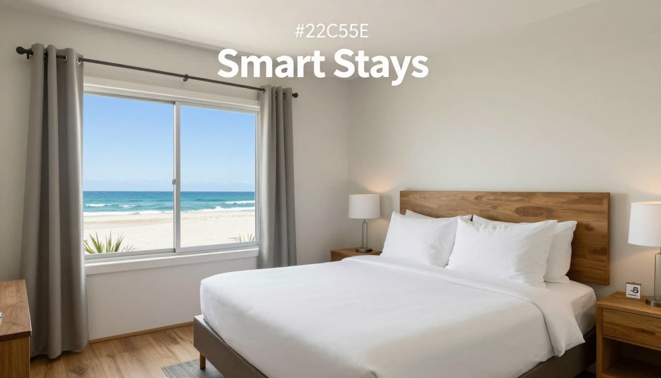 Cozy budget hotel room interior in Gulf Shores style with a queen bed, beachy decor, ocean view window, wooden floors, and simple amenities. Features soft natural light, clean modern style, no people or clutter, and a 'Smart Stays' headline band.