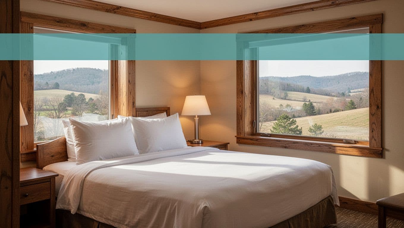 Clean and inviting budget chain hotel room interior with queen bed, soft-lit nightstand lamp, wooden accents, and window view of Alabama countryside. Bold green top band featuring 'Hotel Amenities' headline in high-contrast white text.