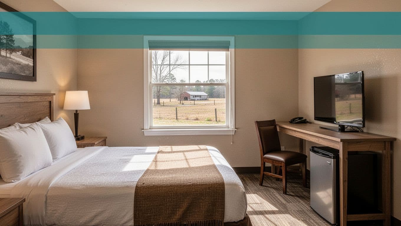 Cozy budget hotel room interior in small Alabama town with simple clean setup and green 'Budget Stay' band at top.