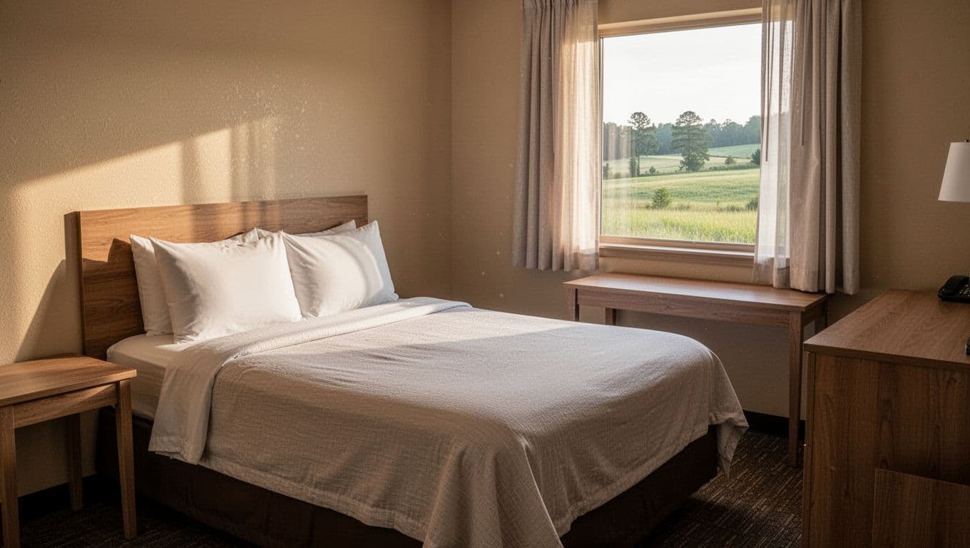 Cozy budget hotel room interior featuring a queen bed with clean linens in neutral colors, small desk, and window view of green Alabama countryside under soft morning light. Realistic photo style centered on the bed with bold 'Budget Picks' headline in green band at top.