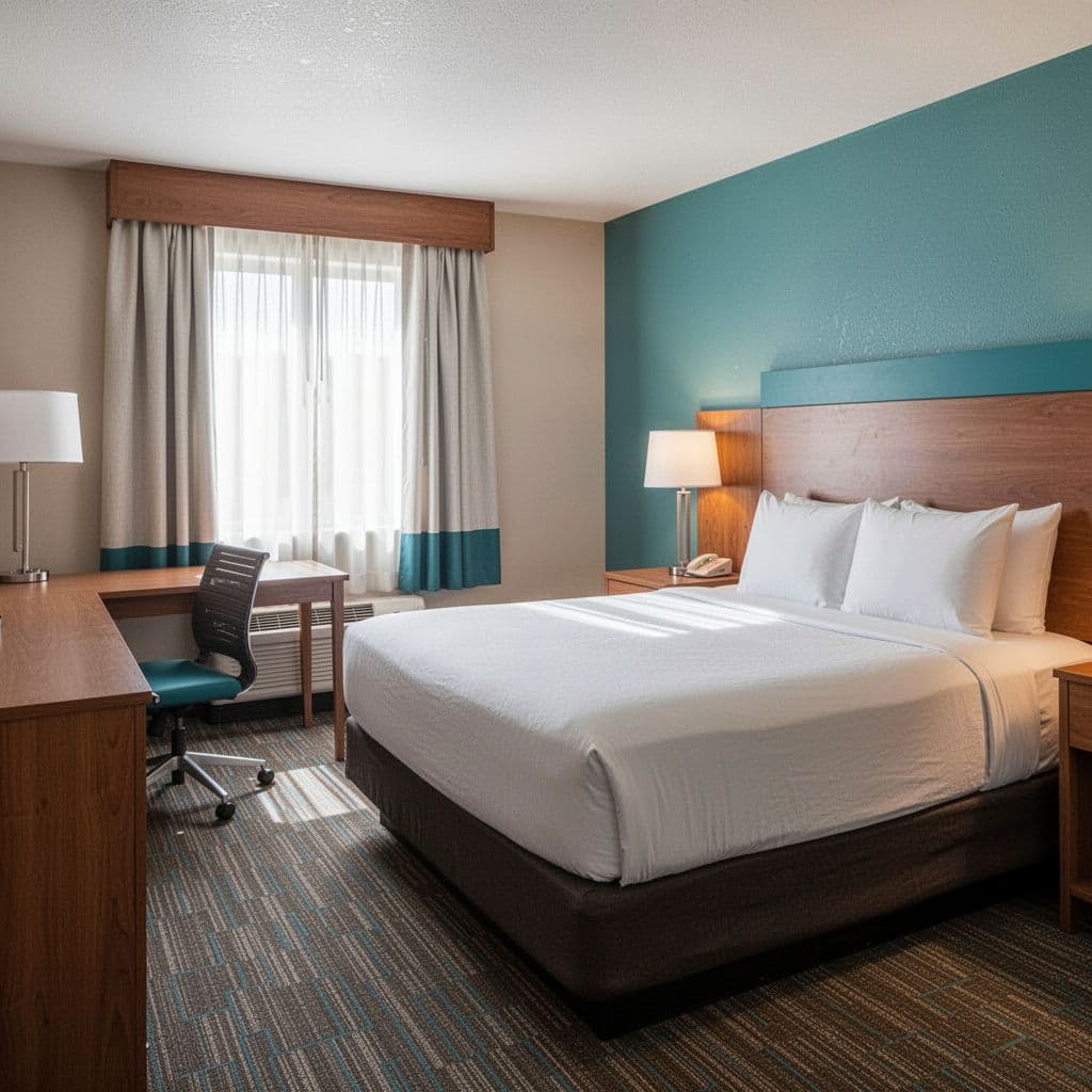 Cozy hotel room interior for budget stays near Kinsey, Alabama, featuring a queen bed with clean linens, desk, chair, window with curtains, and simple modern decor in soft indoor lighting from a side view. Bold 'Room Comfort' headline in green geometric sans-serif on a top horizontal band.