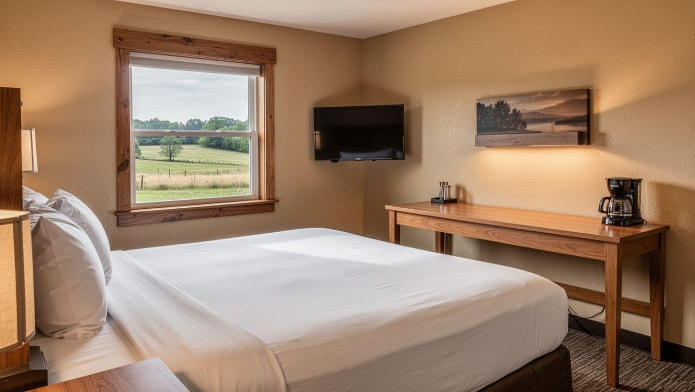 Cozy hotel room interior with queen bed, simple desk, window showing rural Alabama view, amenities like coffee maker and TV, in bold branded editorial style.