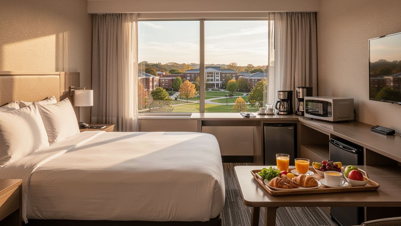 Cozy modern hotel room interior with king bed, desk, microwave, fridge, coffee maker, free breakfast tray, and campus view window. Sunny morning light, professional photo-realistic style with bold 'Key Amenities' headline band in green.