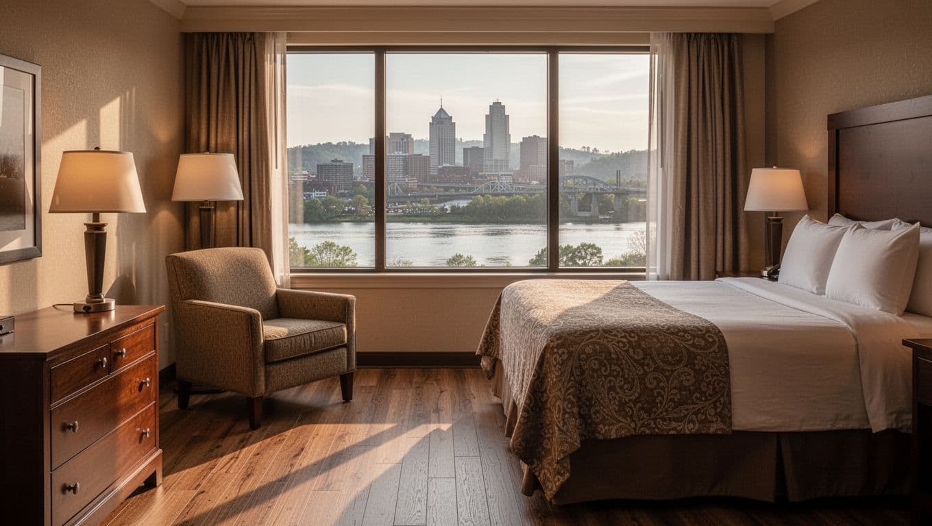 Cozy hotel room interior with a bed, chair, and lamp, featuring a window overlooking the Chattanooga skyline and river in soft morning light. Warm realistic style landscape composition with a green top band headline 'Room Views'.