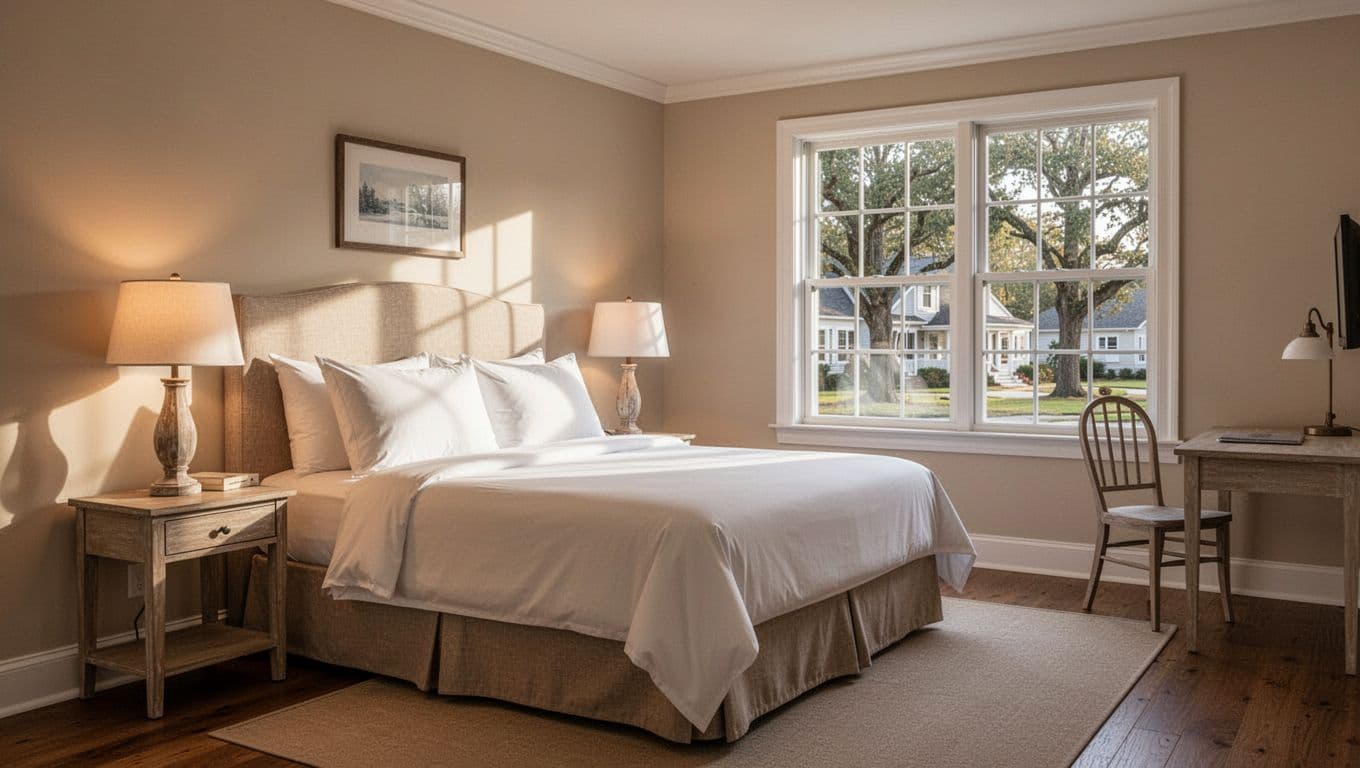 Photorealistic cozy hotel room interior in Chelsea, Alabama style with queen bed, fresh linens, nightstand lamp, desk, chair, and large window showing suburban trees in neutral tones and warm lighting. Top branded green band with centered white 'Comfortable Rooms' headline, composed for calm rest with no people, devices, or text.