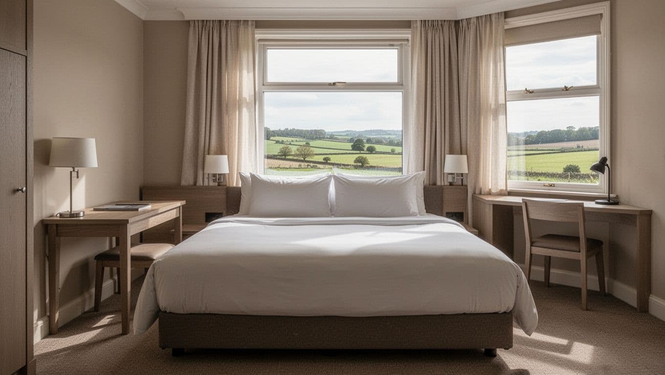 Cozy empty hotel room interior in Clanton with centered clean queen bed, simple desk, window view of rural Alabama landscape, soft lighting, neutral tones, and bold 'Stay Comfort' headline in green band at top.