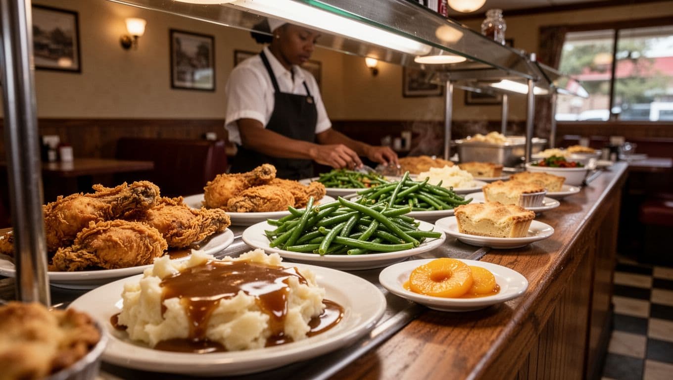 Buffet line with fried chicken, mashed potatoes, gravy, green beans, and peach cobbler in cozy Alabama diner interior with one server behind counter.