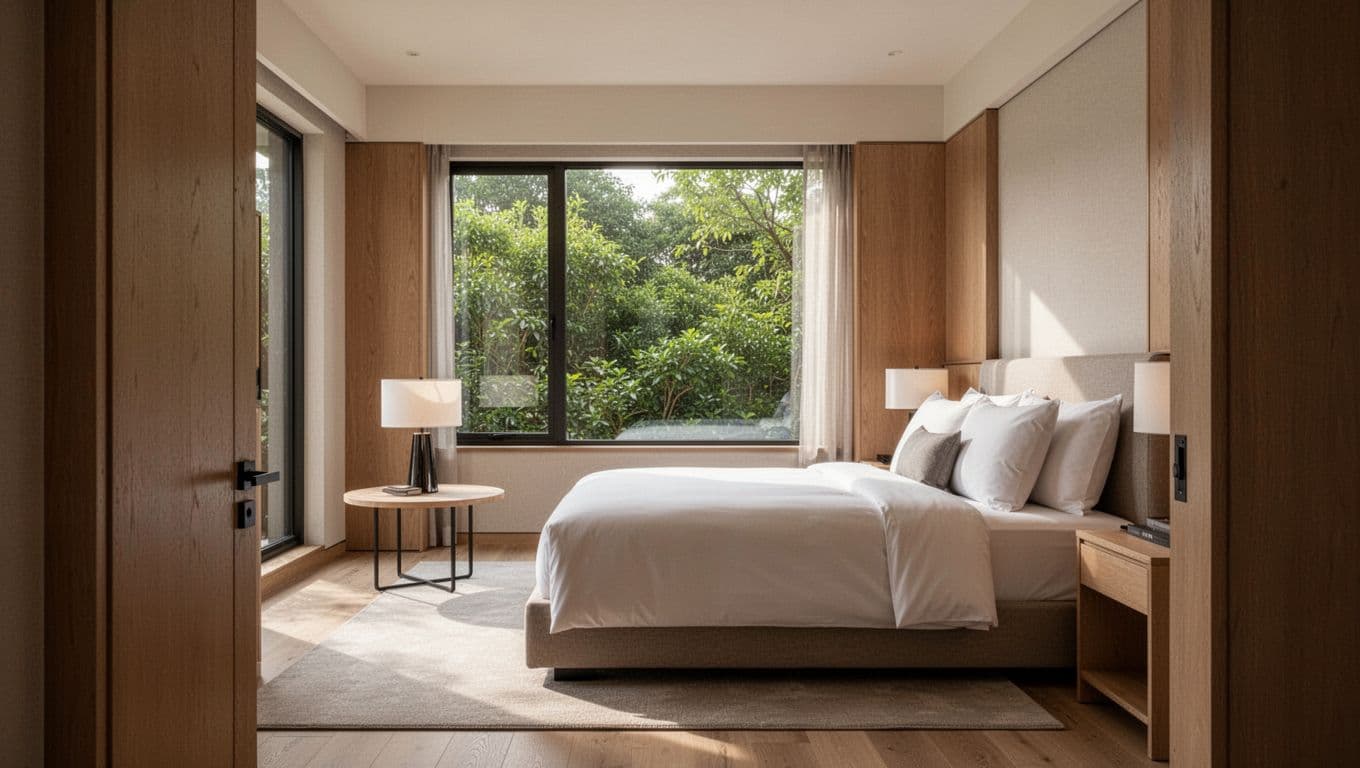 Photorealistic interior of a cozy modern hotel room in Eufaula, Alabama, featuring a king-size bed, large window with greenery view, wooden accents, simple decor, and soft natural daylight from a side angle at the doorway. Includes a bold 'Hotel Rooms' headline overlay in editorial style.