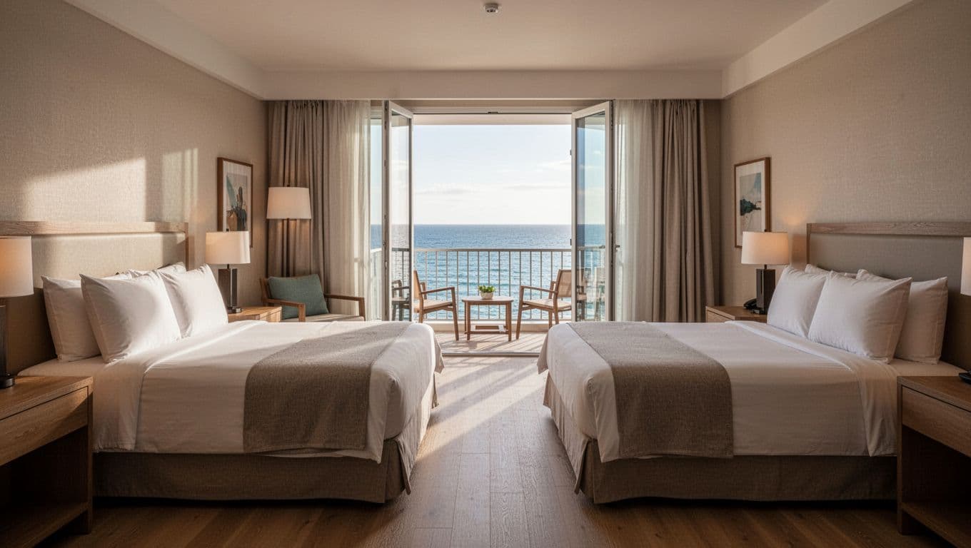Cozy family hotel room interior with two queen beds, open ocean view balcony door, simple modern decor, natural light, wide shot. Branded 'Family Options' headline in bold green geometric sans-serif on top band.