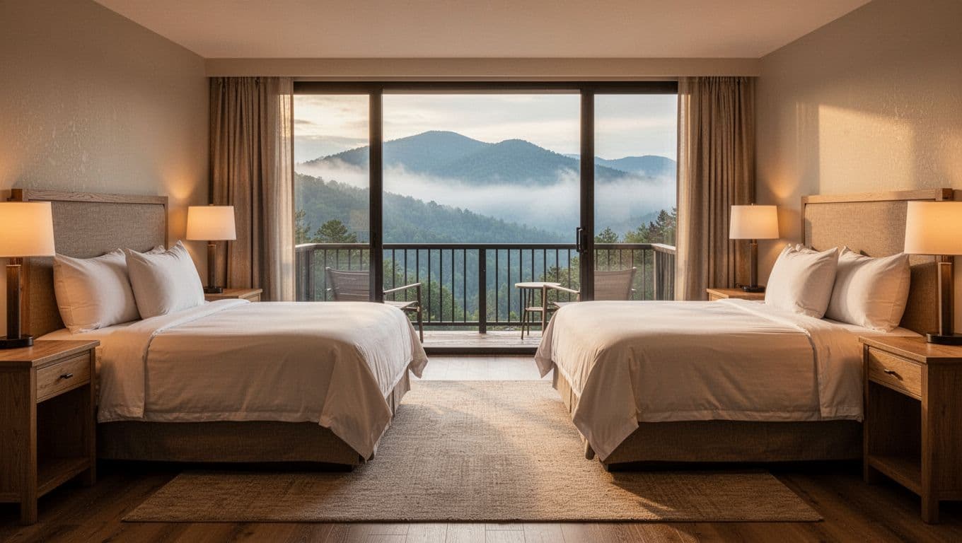 Cozy family hotel room interior featuring two queen beds, a balcony overlooking the Smoky Mountains, and warm lighting with simple furnishings. Perfect for highlighting comfortable group accommodations in a family suites setting.