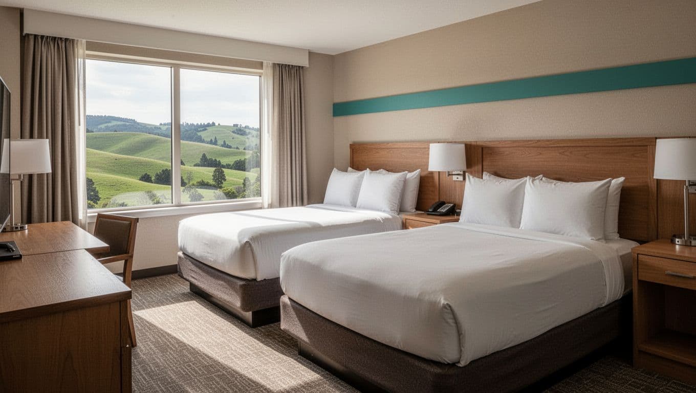 Cozy hotel room interior with two queen beds, clean linens, desk, and window view of green hills in soft natural daylight with neutral tones.