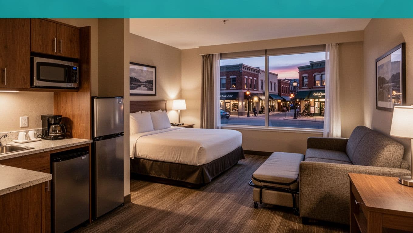 Photorealistic interior of an extended-stay hotel suite with kitchenette, queen bed, sofa sleeper, and large window viewing Bridge Street Town Centre shops at dusk under warm lighting. Clean surfaces, no people, topped with green 'Family Suites' banner.