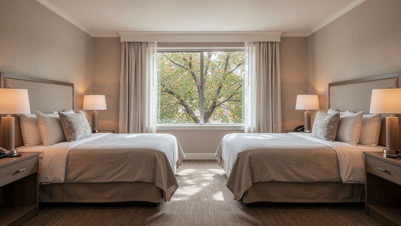 Cozy hotel suite with two queen beds, nightstands, lamp, curtained window showing trees, and top 'FAMILY ROOMS' banner.
