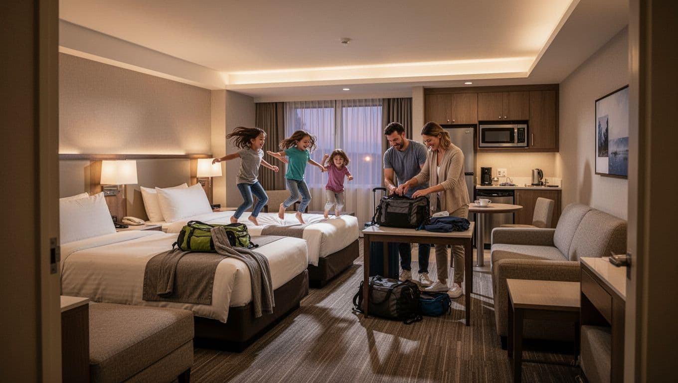 A family of four unpacks in a spacious cozy hotel suite with two queen beds, sofa bed, kitchenette, fridge, microwave, and table in modern neutral tones. Kids jump on the bed while parents organize bags, viewed from the doorway with warm evening lighting and a bold 'Suite Comfort' headline band at the top.