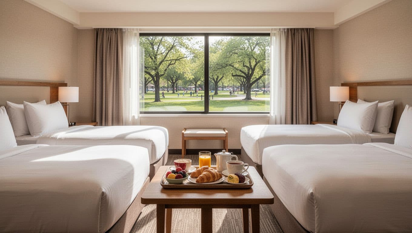 Cozy hotel room interior with two queen beds, modern decor, park view window, and free breakfast tray. Features bold 'Family Suites' headline on green band, bright daylight, no people.