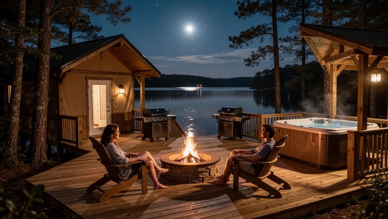 Cozy wooden glamping cabin by Lake Martin, Alabama shore at night, with deck, firepit, grill, hot tub, glowing interior, relaxed couple on chairs, warm firelight and moonlight, branded 'Glamp Haven' top band.