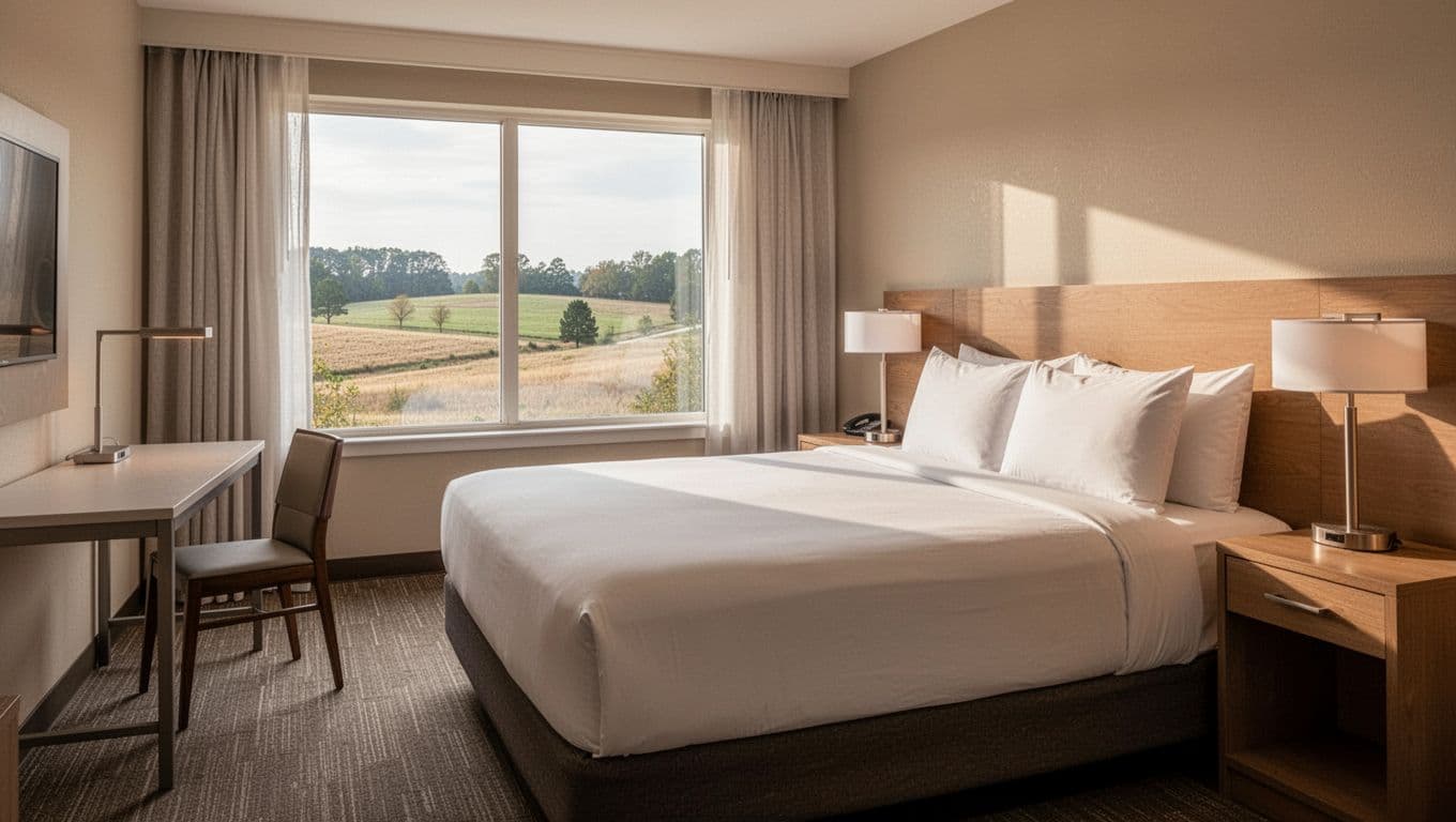 Cozy hotel room interior with king bed, desk, window view of Alabama countryside, simple modern decor, soft natural daylight, realistic photo with exactly one bed, one chair, one lamp, no people, no devices, no text, and bold branded headline 'Room Comfort' on green top band.