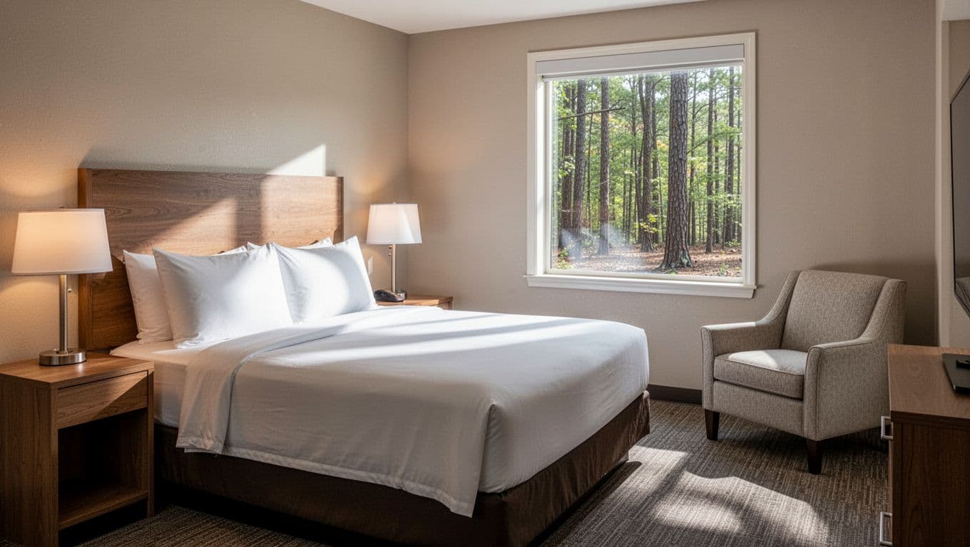 Cozy hotel room interior with queen bed, clean white linens, wooden nightstand, lamp, soft armchair, and window view of Alabama forest in neutral tones and modern budget style.