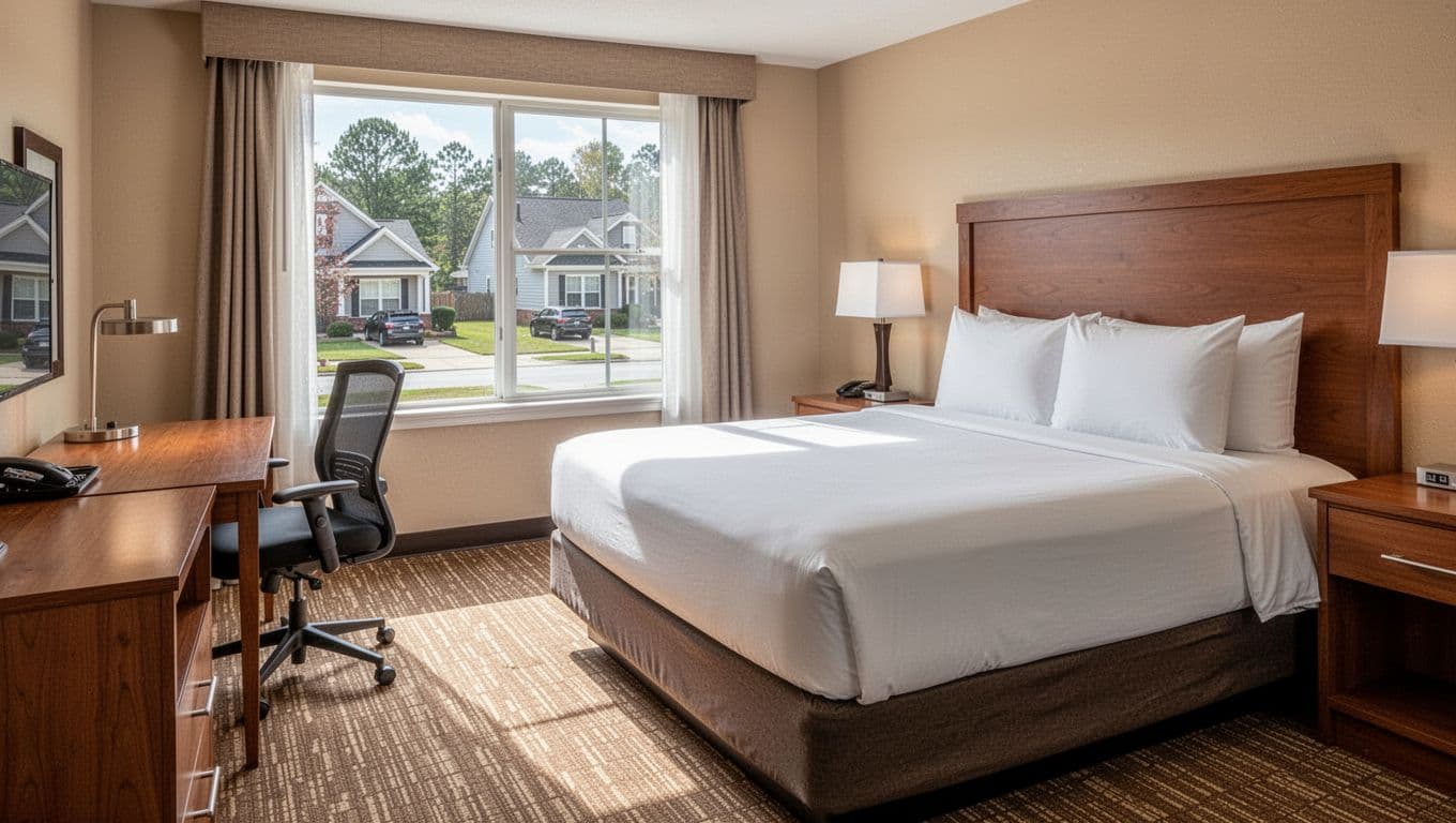 Cozy hotel room interior featuring a king-size bed with clean linens, desk and chair, window view of Alabama suburbs, illuminated by bright natural daylight in realistic style. Top green band with bold 'ROOM COMFORT' headline above the focused room amenities scene.