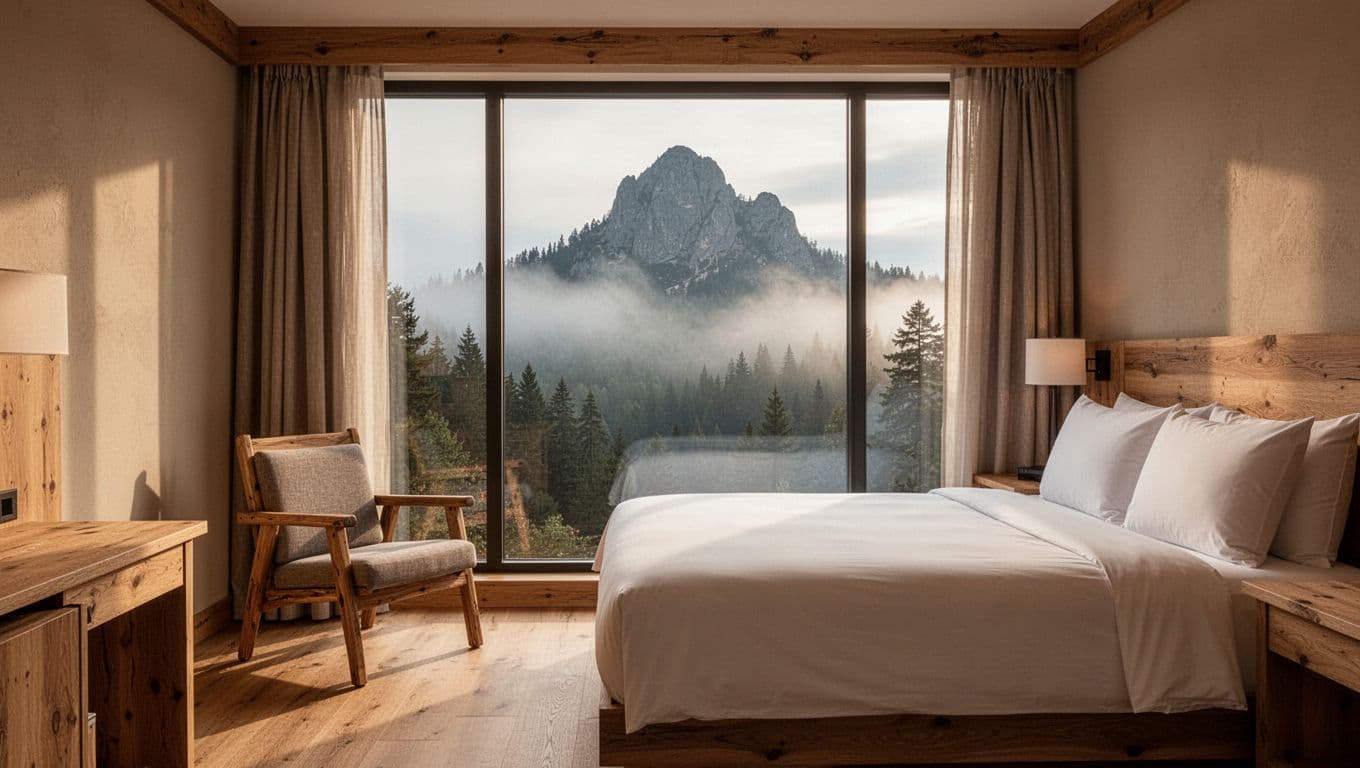 Cozy hotel room interior with wooden king bed, armchair, and large window overlooking forested Brasstown Bald mountains, bathed in soft morning light for a relaxed atmosphere. Bold 'Cozy Rooms' headline in editorial style at the top.