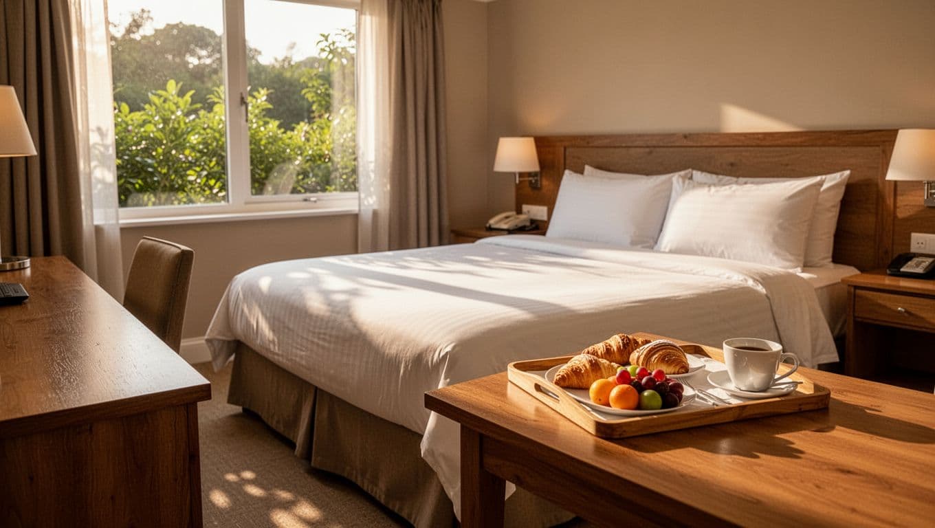 Cozy hotel room interior featuring a queen bed, desk, window view of greenery, and free breakfast tray on a nearby table, bathed in soft natural morning light.