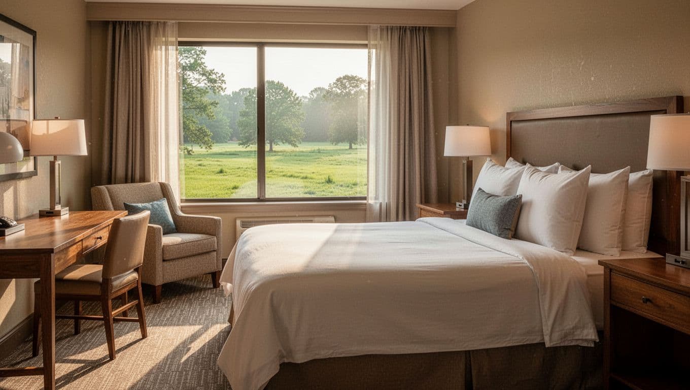 Comfortable hotel room interior near Clay, Alabama, with a cozy bed as the focal point, pillows, window view of green landscape, wooden desk, armchair, and soft morning light. Features bold 'Hotel Comfort' headline in green band for an inviting traveler accommodation.