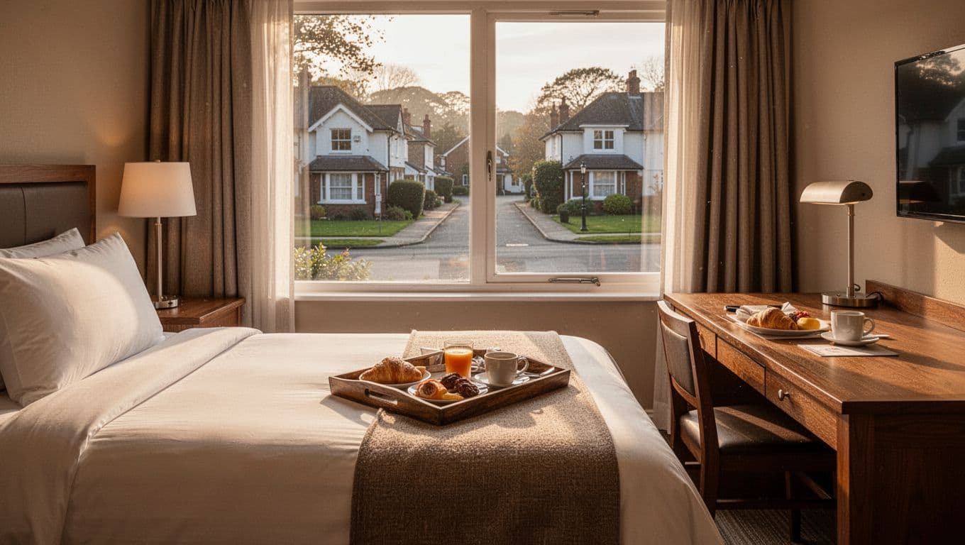 Cozy hotel room interior with clean bed, desk, suburban window view, and breakfast tray, focusing on comfort and cleanliness.