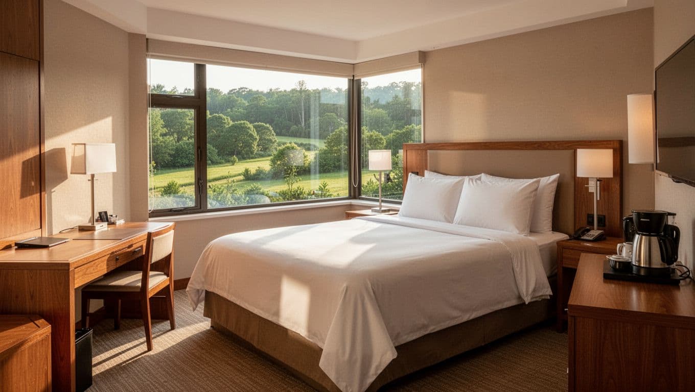 Cozy hotel room interior with king bed, clean white linens, desk, window view of green landscape, and coffee maker on side table. Bold 'Key Amenities' headline on green band at top in high-contrast sans-serif font, centered focal subject below, soft natural lighting.