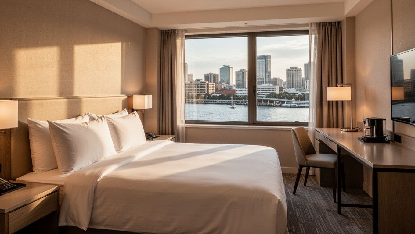 Cozy hotel room interior with king-size bed, clean linens, desk, lamp, coffee maker, and city waterfront window view, featuring a bold green 'Key Amenities' header band.