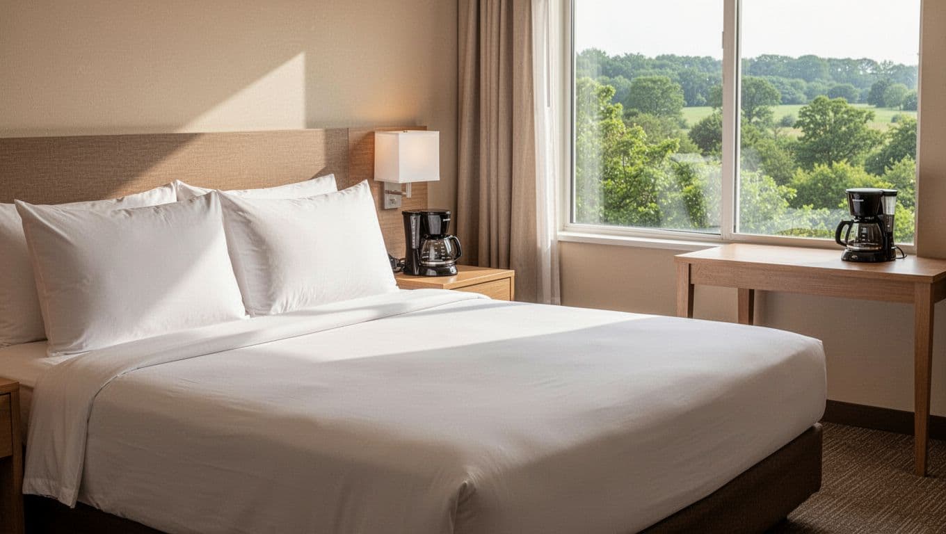 Clean hotel room interior with king bed, fresh linens, coffee maker, desk, and window view of green landscape, styled as a cozy welcoming space. Bold 'Hotel Amenities' headline in Title Case on a high-contrast green band at the top, with soft natural daylight and neutral tones.