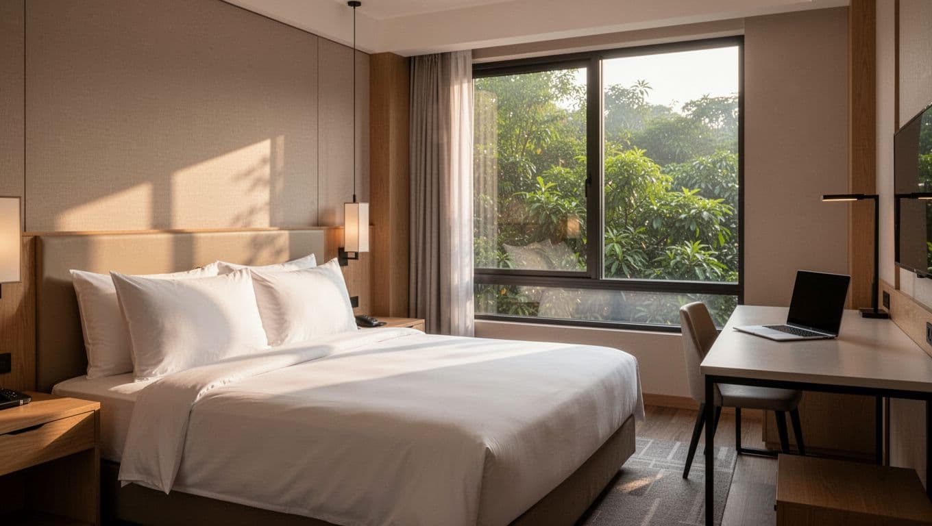 Photorealistic cozy hotel room with king bed, work desk featuring a relaxed laptop, window view of greenery, clean modern decor in soft morning light, no people. Bold 'Hotel Amenities' headline in green band at top.