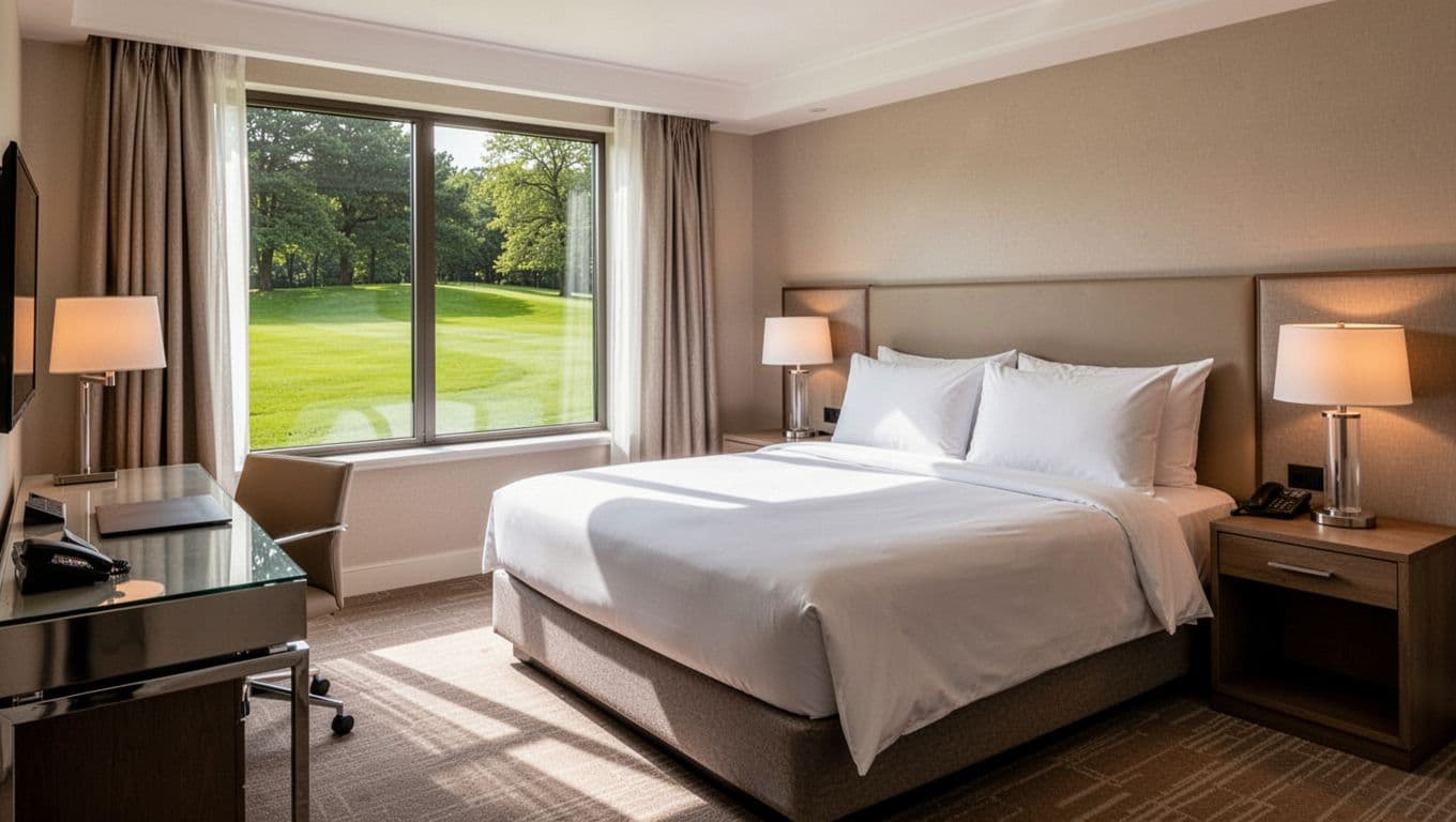 Cozy modern hotel room with king bed, clean white linens, desk, nightstands, lamps, and window view of green lawn in bright daylight. Features bold 'Hotel Rooms' headline on green band, simple decor, no people or clutter.