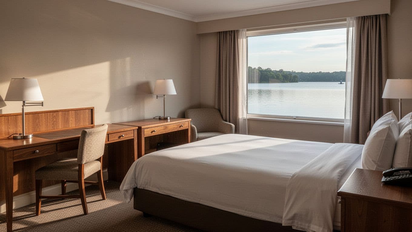 Cozy hotel room interior with a queen bed in neutral tones, simple desk and chair, and a window offering a serene lake view in soft morning light. Realistic style with clean, simple composition, no people, devices, text, or branding.
