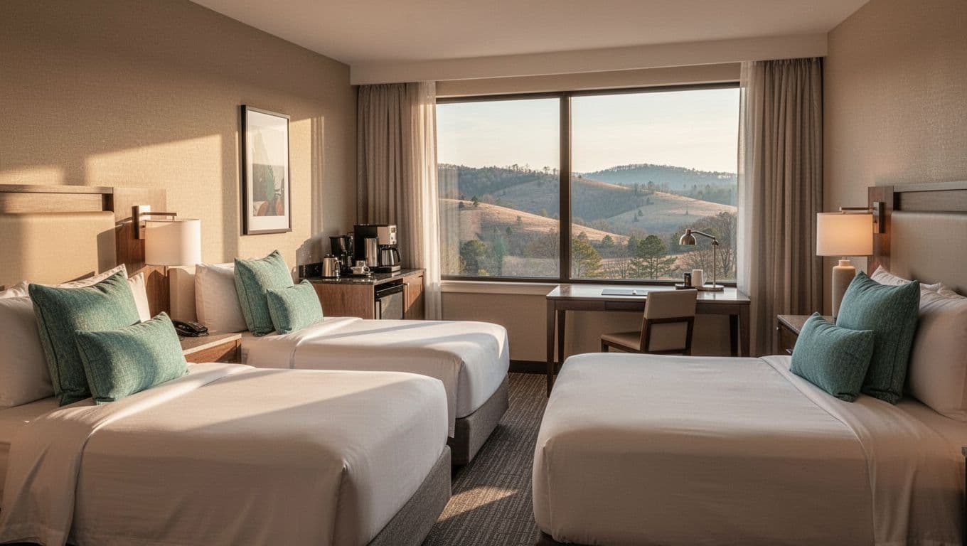 Photorealistic cozy hotel room interior with two queen beds, modern decor, coffee station, desk, and window view of Alabama hills in warm natural light. Features #22C55E accents on pillows and bold 'Stay Comfort' headline in title case geometric sans-serif on a green horizontal band at the top.