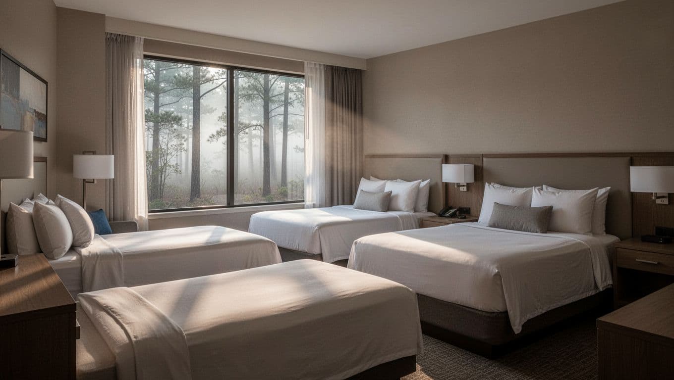 Cozy hotel room with two queen beds, simple modern decor, and window view of Alabama woods in soft morning light. Features bold 'Room Comfort' headline on a green band near the top.
