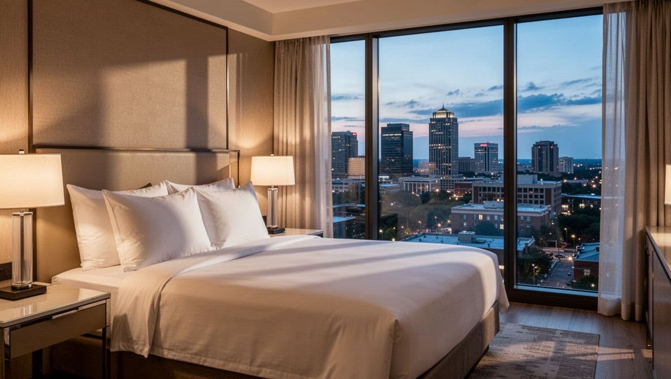 Modern hotel room interior with king bed, pillows, and clean decor, featuring a window view of the Huntsville skyline at dusk. Warm lighting inside contrasts cool tones outside, composed from bed corner.