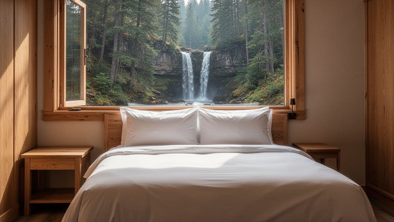 Photorealistic cozy hotel room interior featuring a king bed with pristine white linens, wooden nightstand, and large window showcasing forested view near Noccalula Falls under soft natural light.