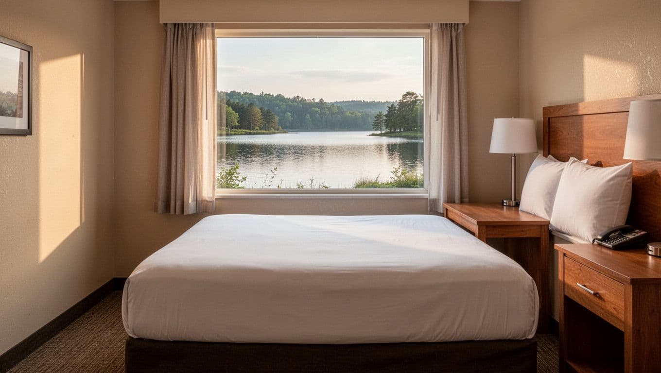 Cozy hotel room interior for Lake Martin trips near Wind Creek State Park, featuring a centered queen bed with crisp sheets, wooden nightstand, large window with lake view, and soft morning light in simple decor.