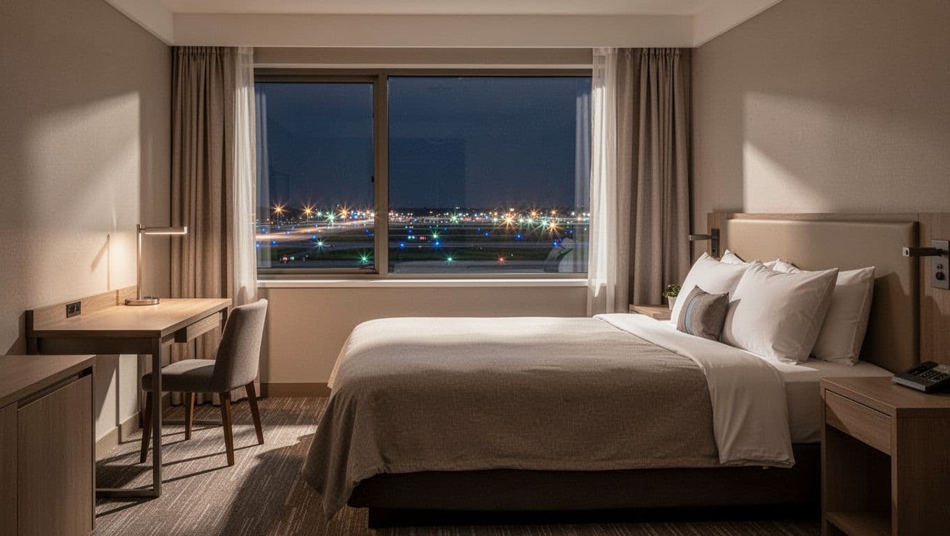 Cozy hotel room interior for layover rest featuring a king bed, work desk, and large window showing runway lights in neutral tones with soft ambient lighting and inviting atmosphere.